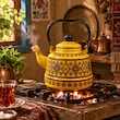 کتری لعابی مراکشی زرد طرحدار 