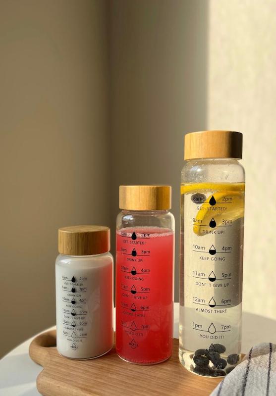 بطری آب شیشه ای درب بامبو در سه سایز