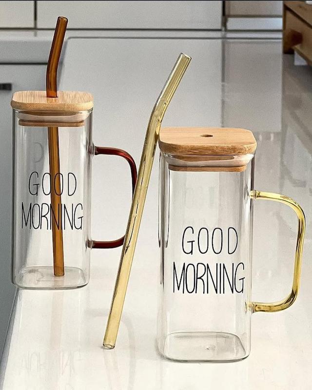 لیوان اسموتی درب چوبی دسته طلایی good morning 