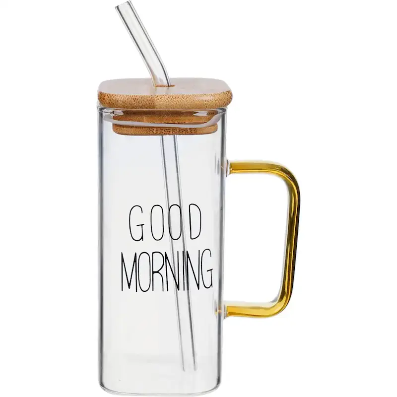 لیوان اسموتی درب چوبی دسته طلایی good morning 