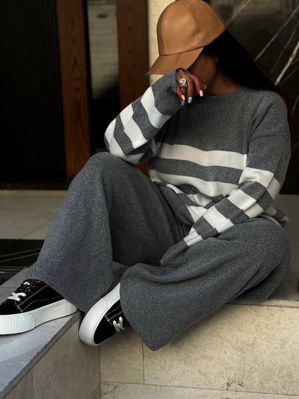 ست بافت زنانه پینترستی راه راه درشت 