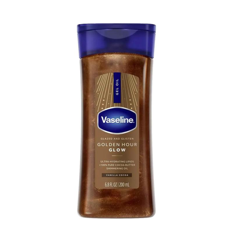 روغن ژل بدن شاین برنز وازلین Glazed and Glisten Golden Hour با درخشش وانیل و کاکائو  Vaseline Glazed and Glisten Golden Hour Body Gel Oil Glow Vanilla Cocoa