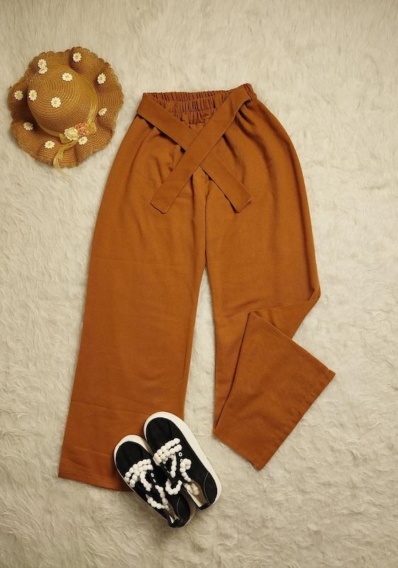 شلوار کتان کمربندی قهوه ای کد 403090