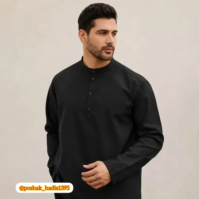 پیراهن مردانه مشکی یقه یک سانت نصف دکمه