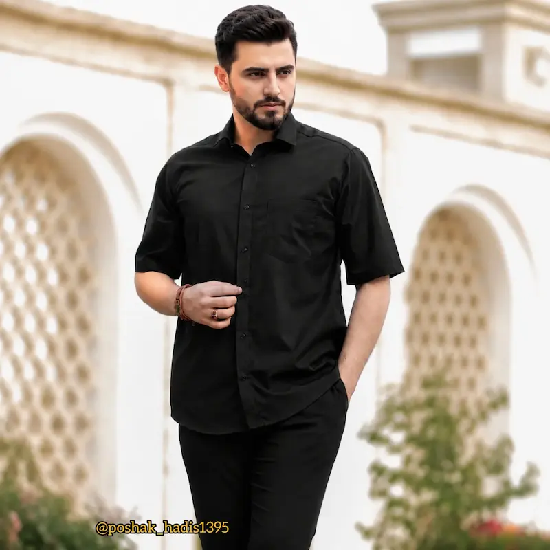 پیراهن تترون نخی درجه یک یقه‌ دار آستین کوتاه مشکی