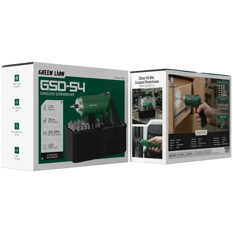 پیچ گوشتی شارژی گرین لاین Green Lion GSD-54 با ۵۴ سری، گشتاور ۳ نیوتن‌متر و دسته چرخشی