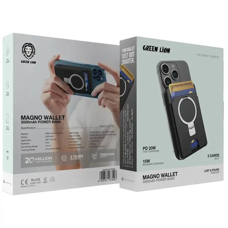 پاوربانک مگ سیف و جاکارتی 5000 میلی آمپر گرین لاین | Green Lion Magno Wallet 5000mAh Power Bank