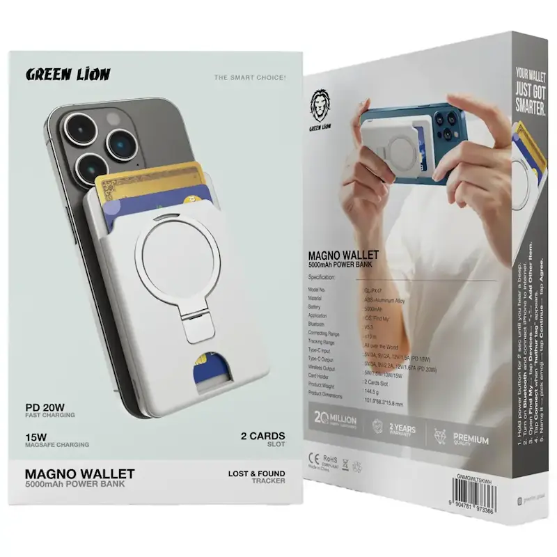 پاوربانک مگ سیف و جاکارتی 5000 میلی آمپر گرین لاین | Green Lion Magno Wallet 5000mAh Power Bank