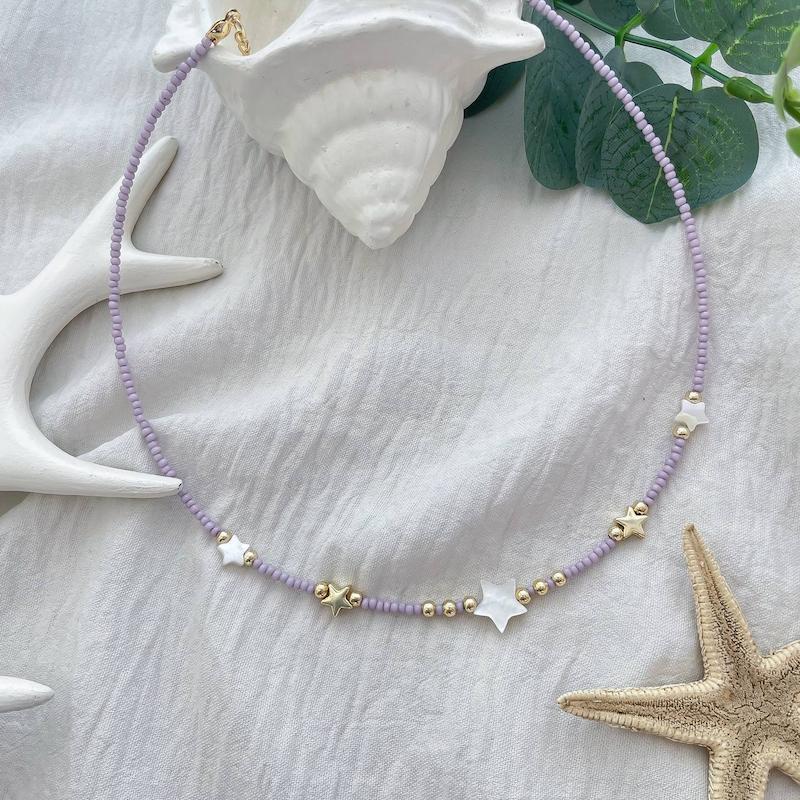 گردنبند مهره ای یاسی با پلاک ستاره