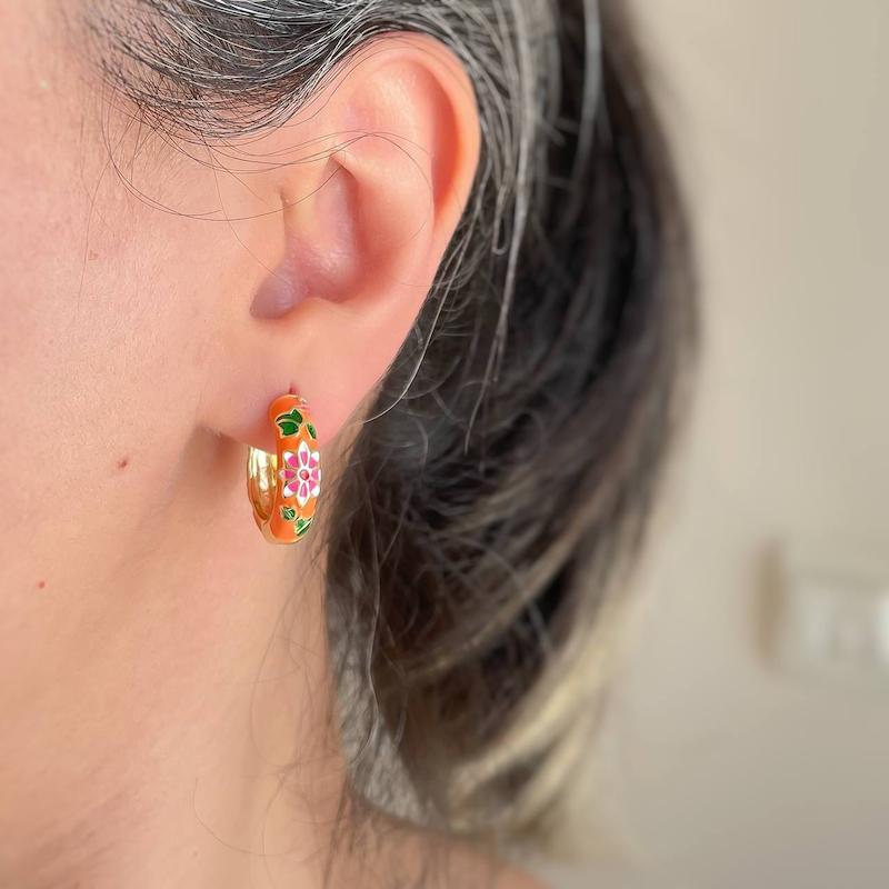 گوشواره حلقه ای میناکاری نارنجی استیل