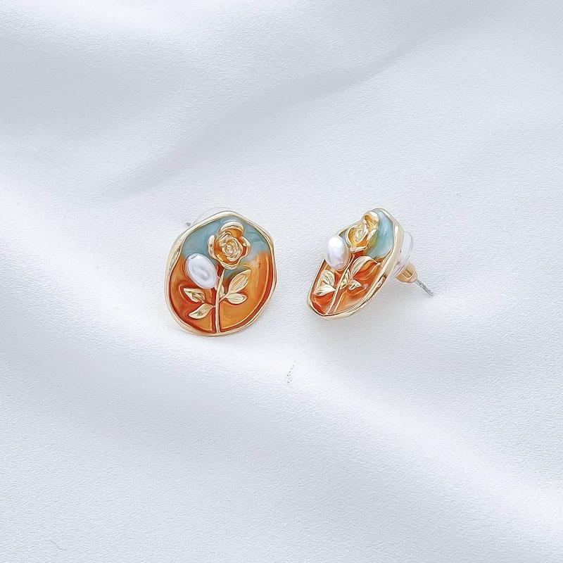 گوشواره میناکاری فیروزه ای قاب گل رز استیل