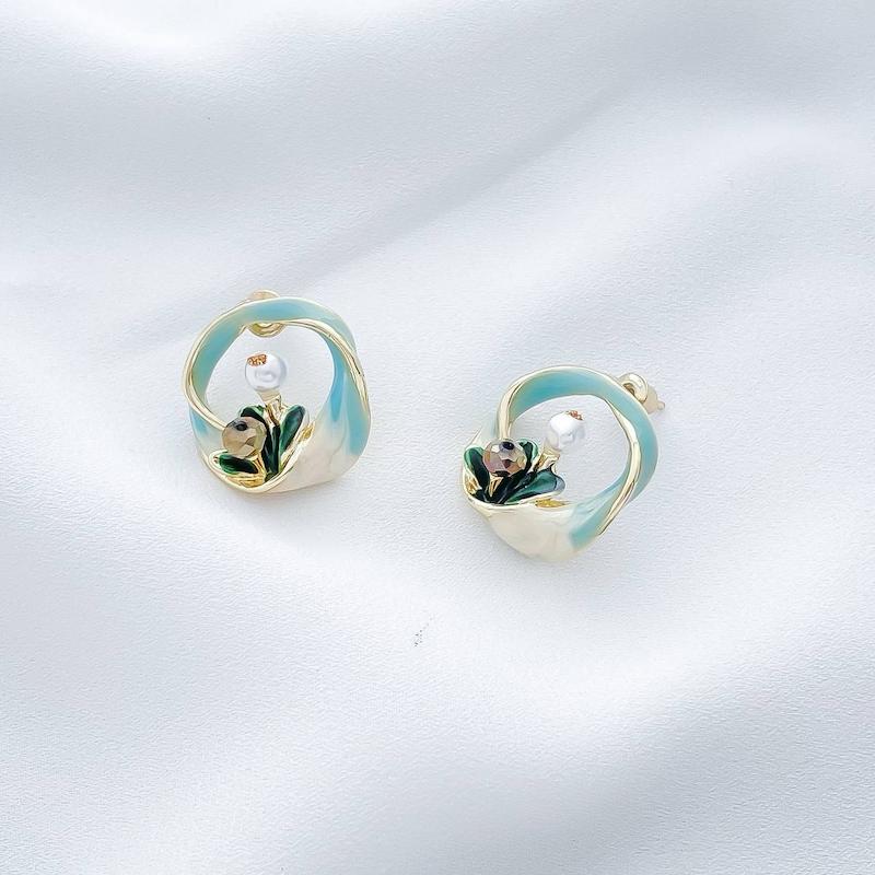 گوشواره میناکاری فیروزه ای حلقه گل استیل