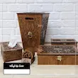 ست جعبه دستمال کاغذی سطل جعبه پذیرایی جا قاشقی، جا آجیل خوری و زیر لیوانی چوبی طرح پیچک