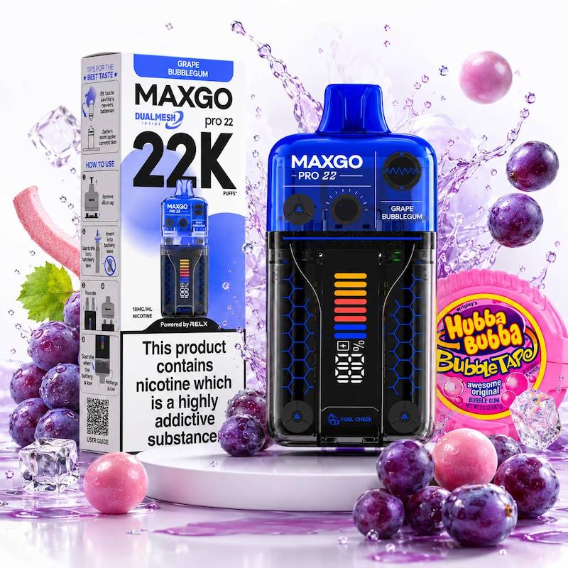 پاد یکبار مصرف 22000 پاف مکس گو نیکوتین 18 | MAXGO 22K Disposable Vape آدامس بادکنکی انگور