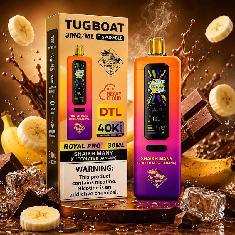 ویپ 40000 پاف تاگ بوت رویال پرو صدادار | Tugboat Royal Pro 40000 Puffs بستنی شکلات و موز (شیخ مانی)