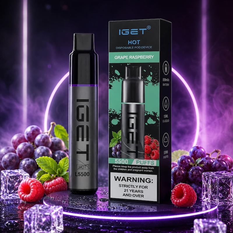 پاد یکبار مصرف 5500 پک برند IGET Hot | IGET Hot 5500 Puffs Disposable انگور تمشک