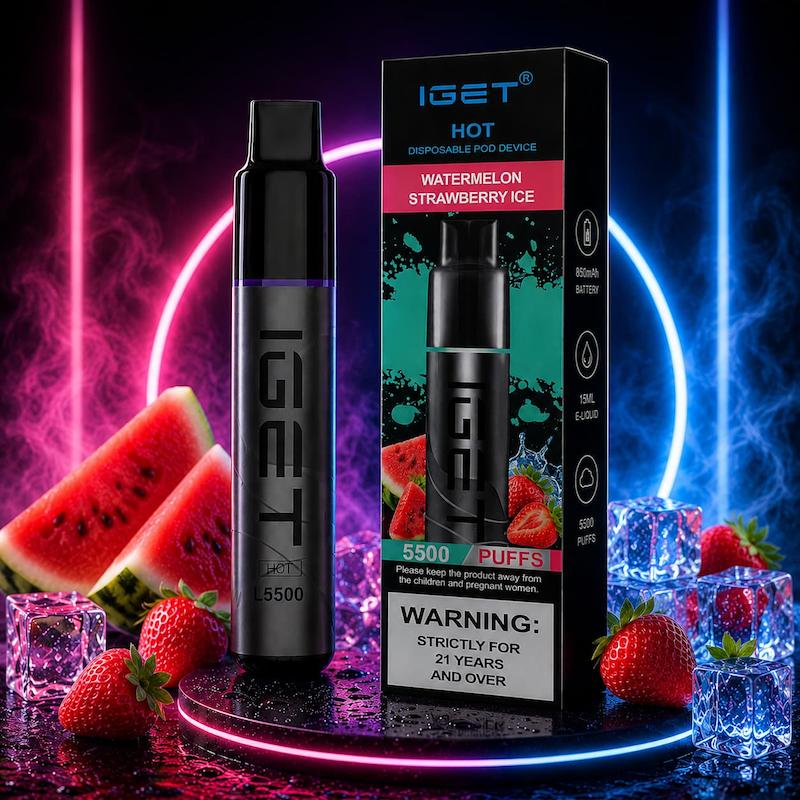 پاد یکبار مصرف 5500 پک برند IGET Hot | IGET Hot 5500 Puffs Disposable توتفرنگی هنداونه