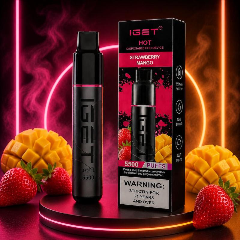 پاد یکبار مصرف 5500 پک برند IGET Hot | IGET Hot 5500 Puffs Disposable توتفرنگی انبه