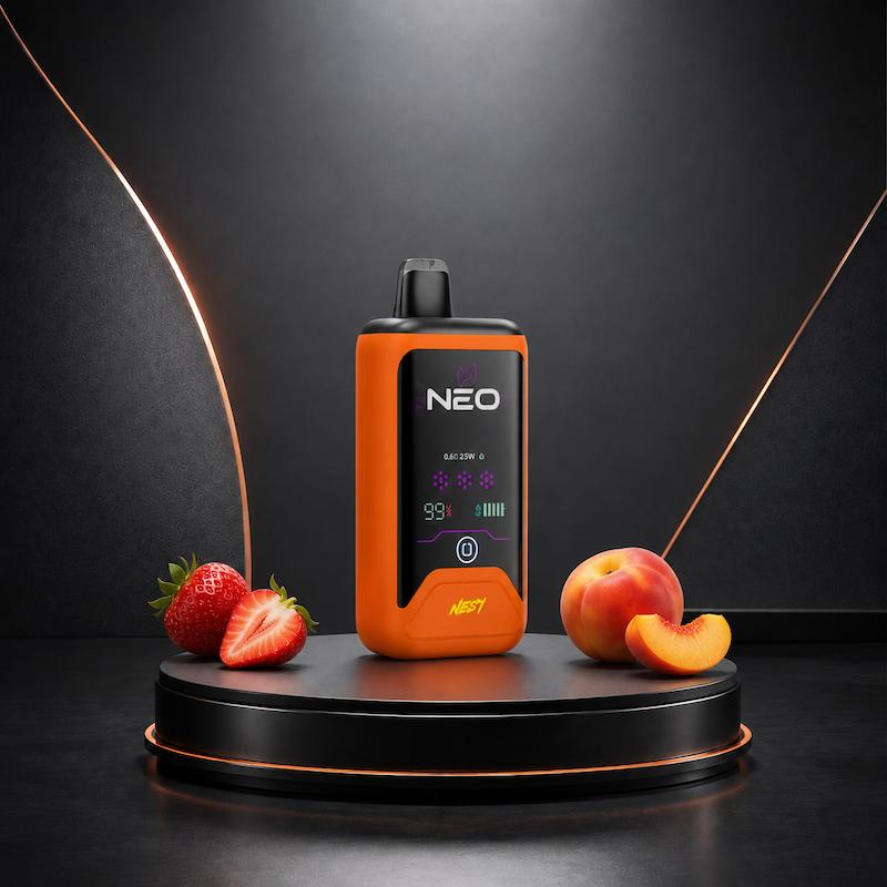 پاد یکبار مصرف نستی NEO 25000 هلو توت‌فرنگی، دستگاه نستی NEO، پاد هلو و توت‌فرنگی، ویپ یکبار مصرف نارنجی، پاد ۲۵ هزار پاف نستی