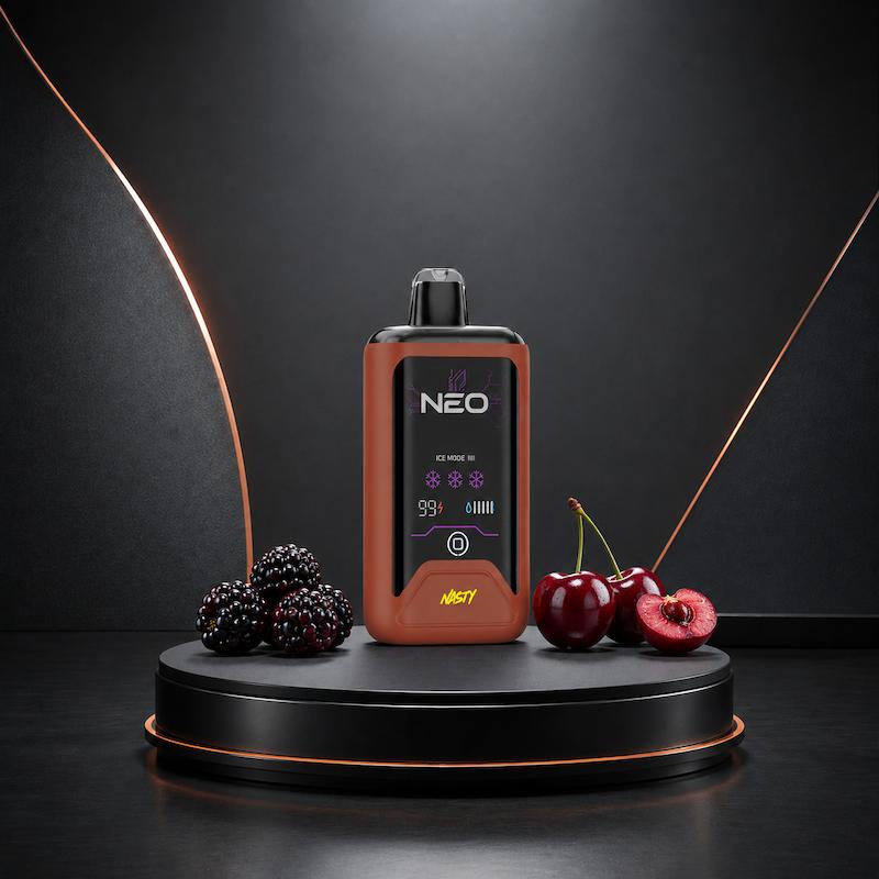 پاد یکبار مصرف نستی NEO 25000 گیلاس تمشک، پاد نستی مسی، پاد تمشک سیاه گیلاس، دستگاه Nasty NEO، گیلاس قرمز، تمشک سیاه، پاد ۲۵ هزار پاف نستی