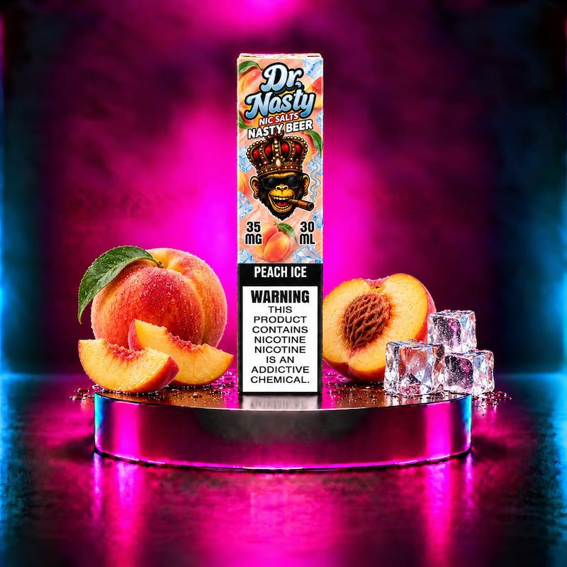 سالت دکتر نستی هلو یخ، کارتن سالت Peach Ice، هلو تازه، برش هلو، قالب یخ، سالت Nasty Beer، سالت نیکوتین ۳۵