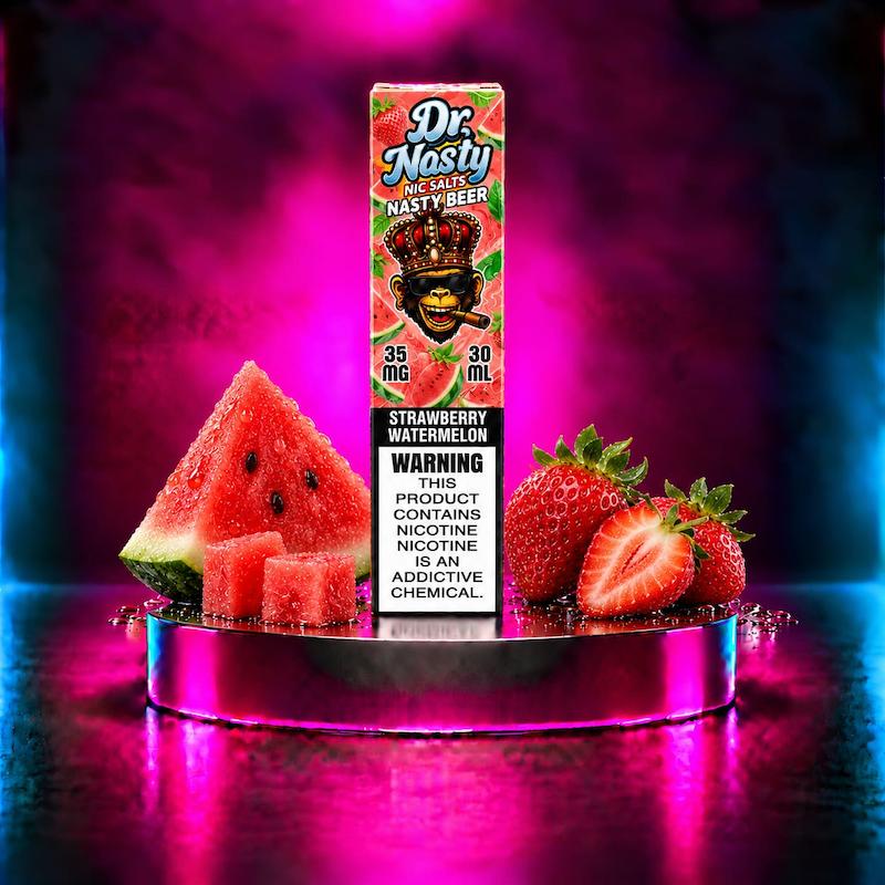 سالت دکتر نستی هندوانه توت‌فرنگی، کارتن سالت Strawberry Watermelon، هندوانه تازه، برش هندوانه، توت‌فرنگی تازه، سالت Nasty Beer