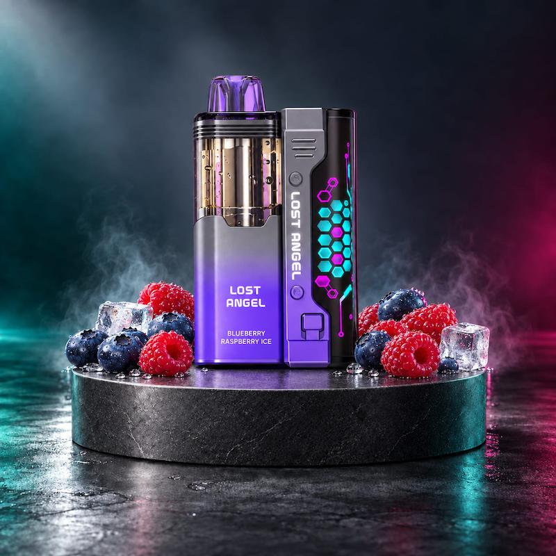 پاد یکبار مصرف لاست انجل ۵۰۰۰۰ بلوبری تمشک یخ با بلوبری و تمشک روی استند