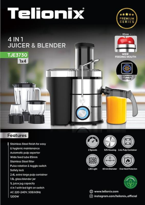 آبمیوه گیری تلیونیکس مدل TJE3730 ظرفیت ۱ لیتر ۴ کاره ۲ سرعته با ۱۸ ماه گارانتی شرکتی 