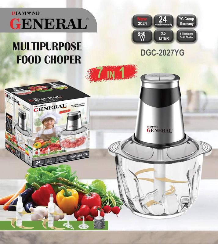 خردکن چندکاره با قابلیت پوست کنی سیب زمینی،سیر ،همزن و اسموتی ساز جنرال دیاموند تحت لیسانس المان مدل DGC-2027YG  با تیغه‌های تیتانیومی طلایی  و ظرفیت ۳.۵ لیتر با ۲۴ ماه گارانتی شرکتی