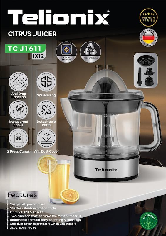 آب پرتقال‌گیر و آب‌مرکبات‌گیر تلیونیکس Telionix  مدل TC-J1611 با چرخش دو جهته و بدنه استیل ضد زنگ با گارانتی اصالت و سلامت کالا