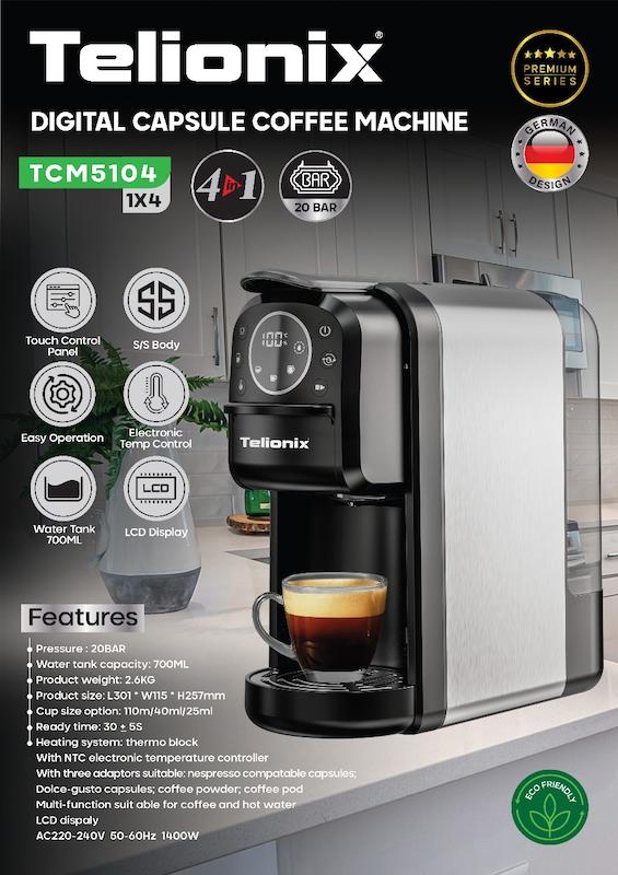 نسپرسوساز و اسپرسوساز دیجیتال تلیونیکس مدل TCM5104 با فشار 20 بار و نمایشگر LCD با گارانتی اصالت و سلامت کالا