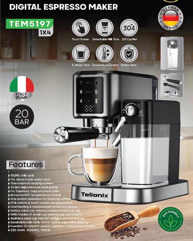 اسپرسوساز دیجیتال تِلیونیکس مدل TEM5197 با فشار 20 بار و مخزن شیر قابل جدا شدن با گارانتی اصالت و سلامت کالا