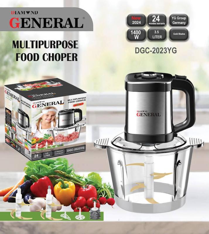 خردکن ۳.۵ لیتری چندکاره با قابلیت پوست کنی سیب زمینی،سیر ،همزن و اسموتی ساز جنرال دیاموندGENERAL diamond  تحت لیسانس المان مدل DGC-2023YG با تیغه‌های تیتانیومی طلایی  و ظرفیت ۳.۵ لیتر با ۲۴ ماه گارانتی شرکتی