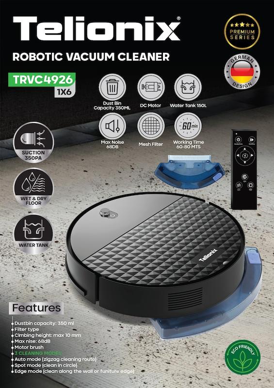 جارو رباتیک تلیونیکسTelionix تحت لیسانس آلمان مدل TRVC4926 با عملکرد دوگانه خشک و مرطوب به همراه ریموت با گارانتی اصالت وسلامت کالا