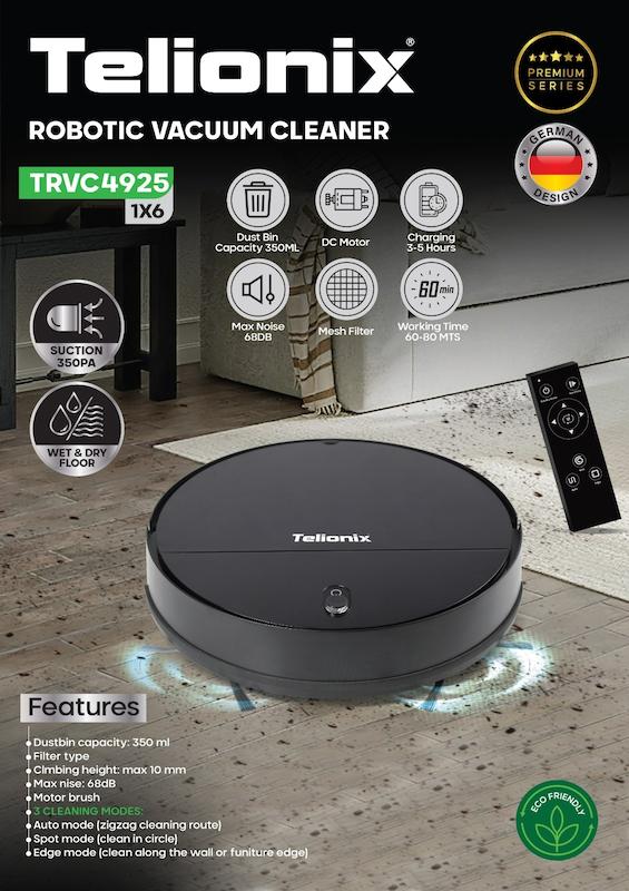 جارو رباتیک Telionix  تحت لیسانس المان مدل TRVC4925 با عملکرد دوگانه خشک و مرطوب دارای ریموت کنترل با گارانتی اصالت وسلامت کالا
