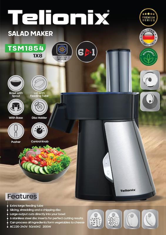 سالادساز تلیونیکس Telionix  مدل TSM1854 دارای ۶ تیغه  (رنده ریز و درشت، خلال‌زن، ورقه‌ساز، خردکن و ریزکن) باگارانتی اصالت وسلامت کالا