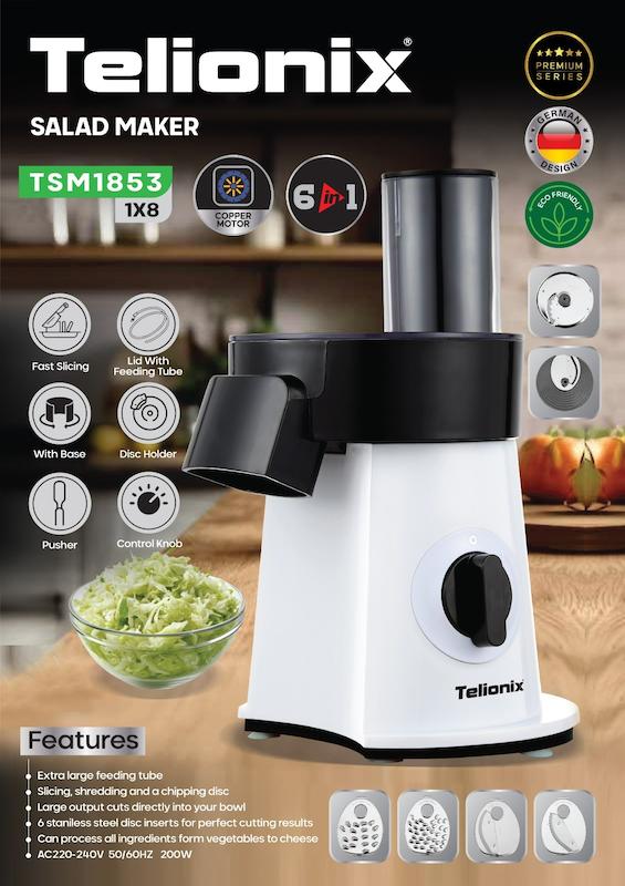 سالادساز تلیونیکس Telionix  مدل TSM1853 دارای ۶ تیغه  (رنده ریز و درشت، خلال‌زن، ورقه‌ساز، خردکن و ریزکن) باگارانتی اصالت وسلامت کالا