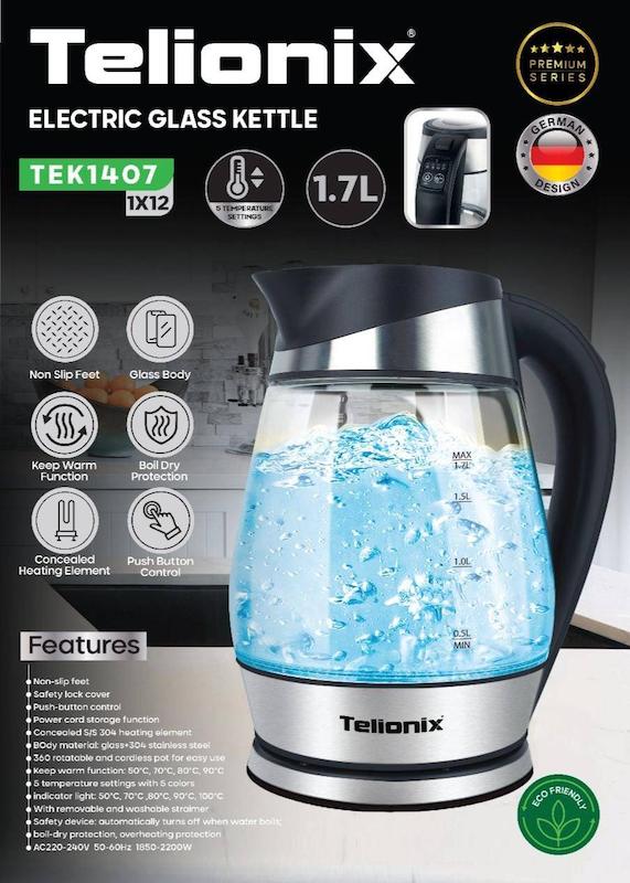 کتری برقی شیشه‌ای دیجیتال تلیونیکس مدل TEK1407 با گارانتی اصالت وسلامت کالا