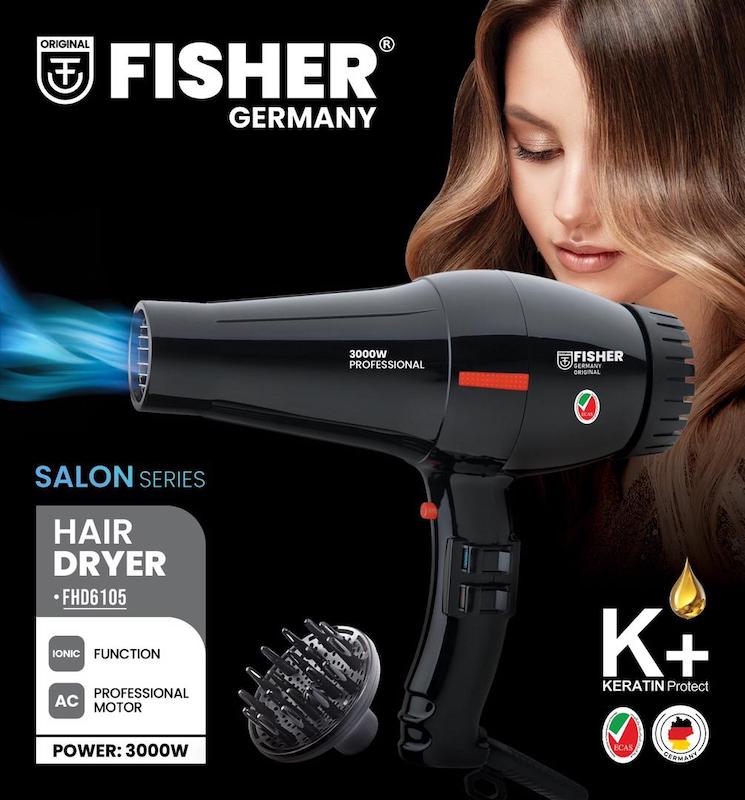 سشوار حرفه ای برند فیشر مدل FHD6105 ساخت المان با ۱ سال گارانتی طلایی تعویض و دوسال گارانتی تعویض و ۵ سال خدمات پس از فروش