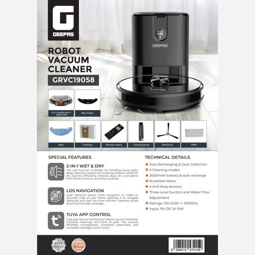 جارو برقی رباتیک هوشمند جی پاس مدل  GEEPAS GRVC  19058 فول سنسور با قابلیت کنترل از طریق وای فای و اپلیکیشن TUYA (اپ جی پاس)  با ۱۸ ماه گارانتی شرکتی  