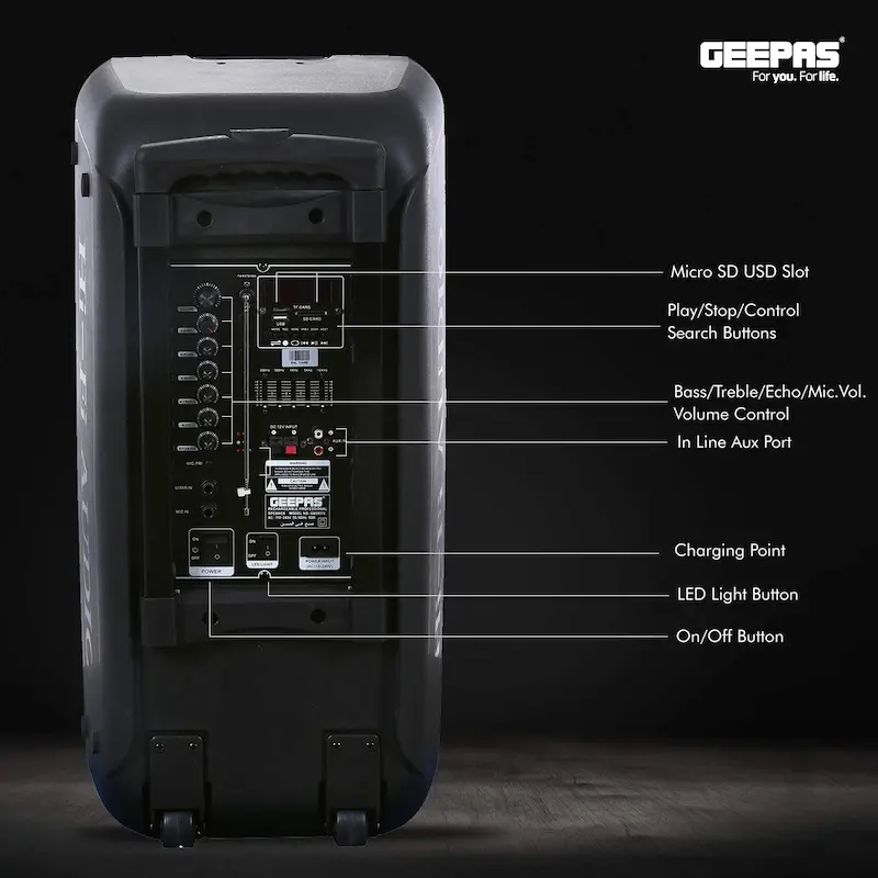  اسپیکر شارژی  چمدانی جی پاس مدل GEEPAS GMS-8574  باطری بزرگ به همراه ریموت کنترل و میکروفون با گارانتی اصالت و سلامت کالا