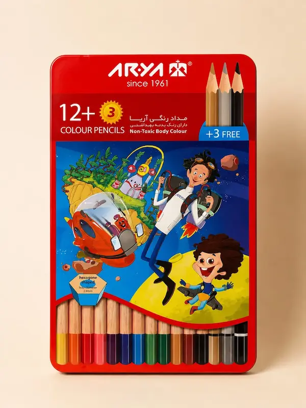 مداد رنگی 12+3 اریا جعبه فلزی