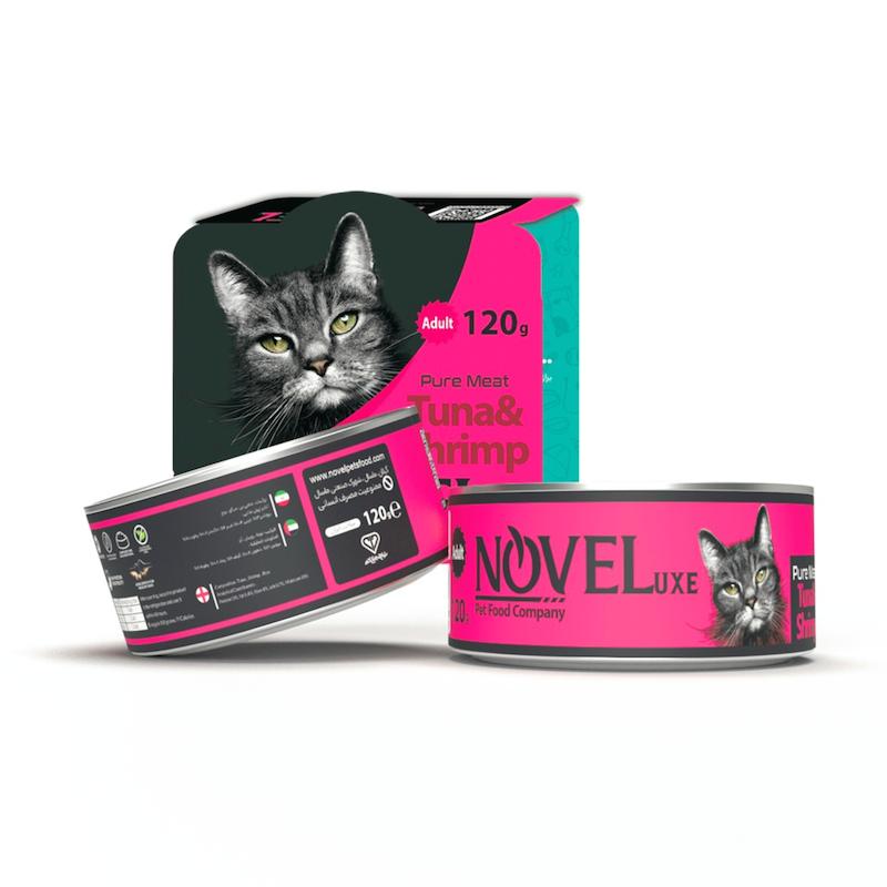 کنسرو نچرال گربه بالغ نوول با طعم ماهی تن و میگو وزن 120 گرم _غذای مرطوب با پروتئین حیوانی قابل  جذب،فاقد افزودنی های مضر ،مناسب برای سلامت پوست و مو ،گوارش و تقویت سیستم ایمنی گربه های بالغ 