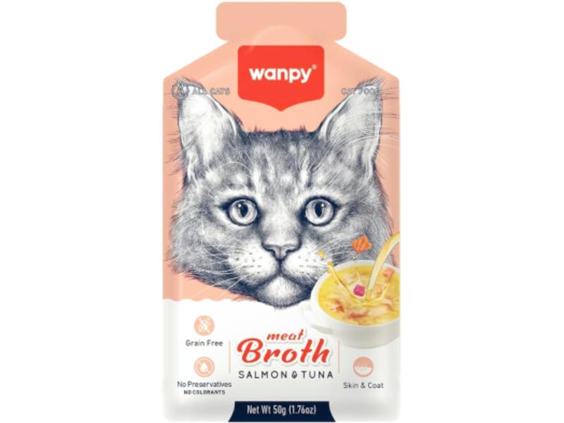 سوپ گربه بالغ ونپی با طعم ماهی سالمون 50 گرمی ،غذای مرطوب فاقد غلات و غنی از ویتامین برای سلامت پوست و تامین اب  بدن گربه  