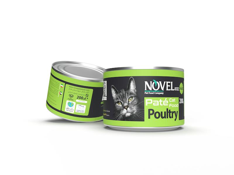 کنسرو پته گربه بالغ نوول با طعم گوشت پرندگان ،وزن 200گرم،غنی از ویتامین های A,B,D3 و مواد معدنی ،مناسب تغذیه روزانه 