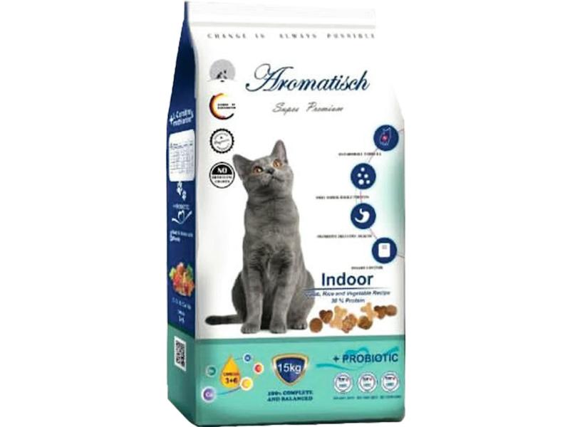 غذای خشک گربه بالغ اروماتیش ایندور با دو طعم مرغ و بره ،مناسب گربه های خانگی ،بسته بندی دو کیلوگرمی با ترکیبات پروتئینی با کیفیت