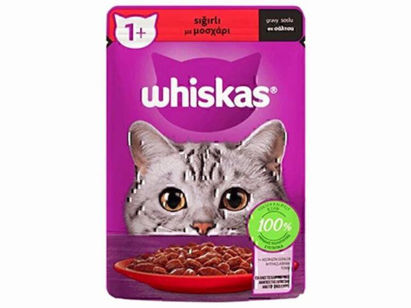 پوچ گربه ویسکاس باطعم گوشت گوساله 85گرمی _غذای تر مخصوص گربه های بالغ ،سرشار از مواد مغذی بدون افزودنی،ساخت برند معتبر whiskas