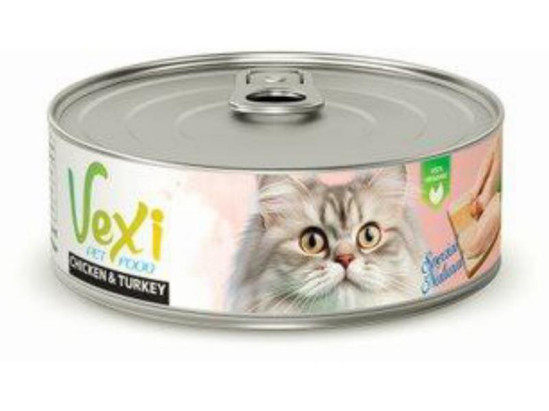 کنسرو نچرال گربه وکسی با طعم مرغ و بوقلمون وزن 90 گرم_غذای سبک و خوش طعم برای گربه بالغ با ترکیب گوشت سفید 