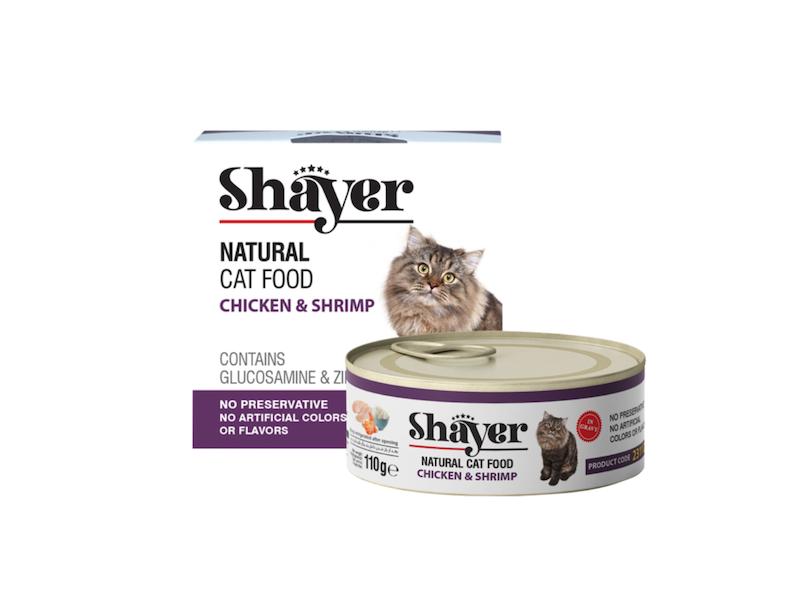کنسرو غذای طبیعی گربه شایر با طعم مرغ و میگو وزن 110 گرم- مناسب گربه بالغ،هضم آسان و طعم دریایی