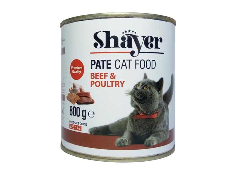 کنسرو غذای مرطوب گربه شایر با طعم گوشت گاو و پرندگان  وزن 800 گرم - مناسب گربه بالغ،تقویت عضلات و سلامت گوارش